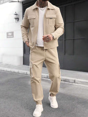 Muški khaki jesenji streetwear set od prane gužvane tkanine, sa više džepova
