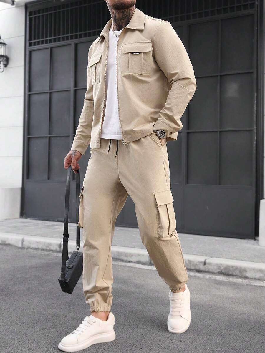 Muški khaki jesenji streetwear set od prane gužvane tkanine, sa više džepova