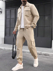 Muški khaki jesenji streetwear set od prane gužvane tkanine, sa više džepova