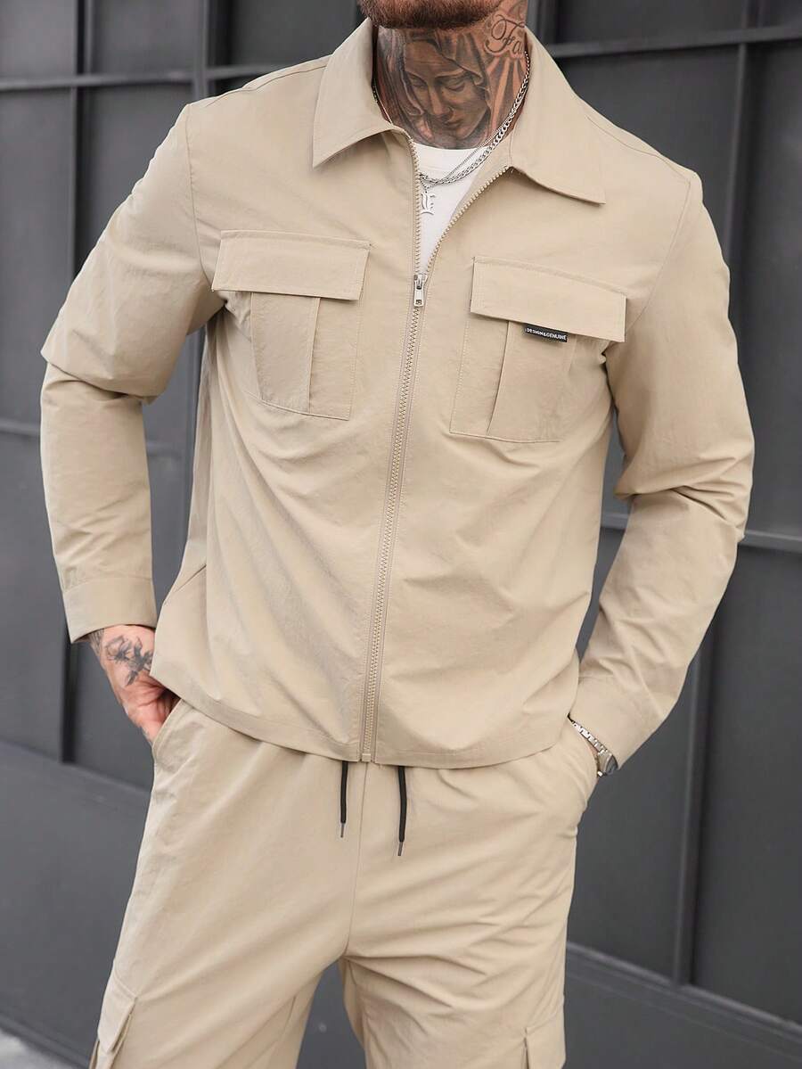Muški khaki jesenji streetwear set od prane gužvane tkanine, sa više džepova