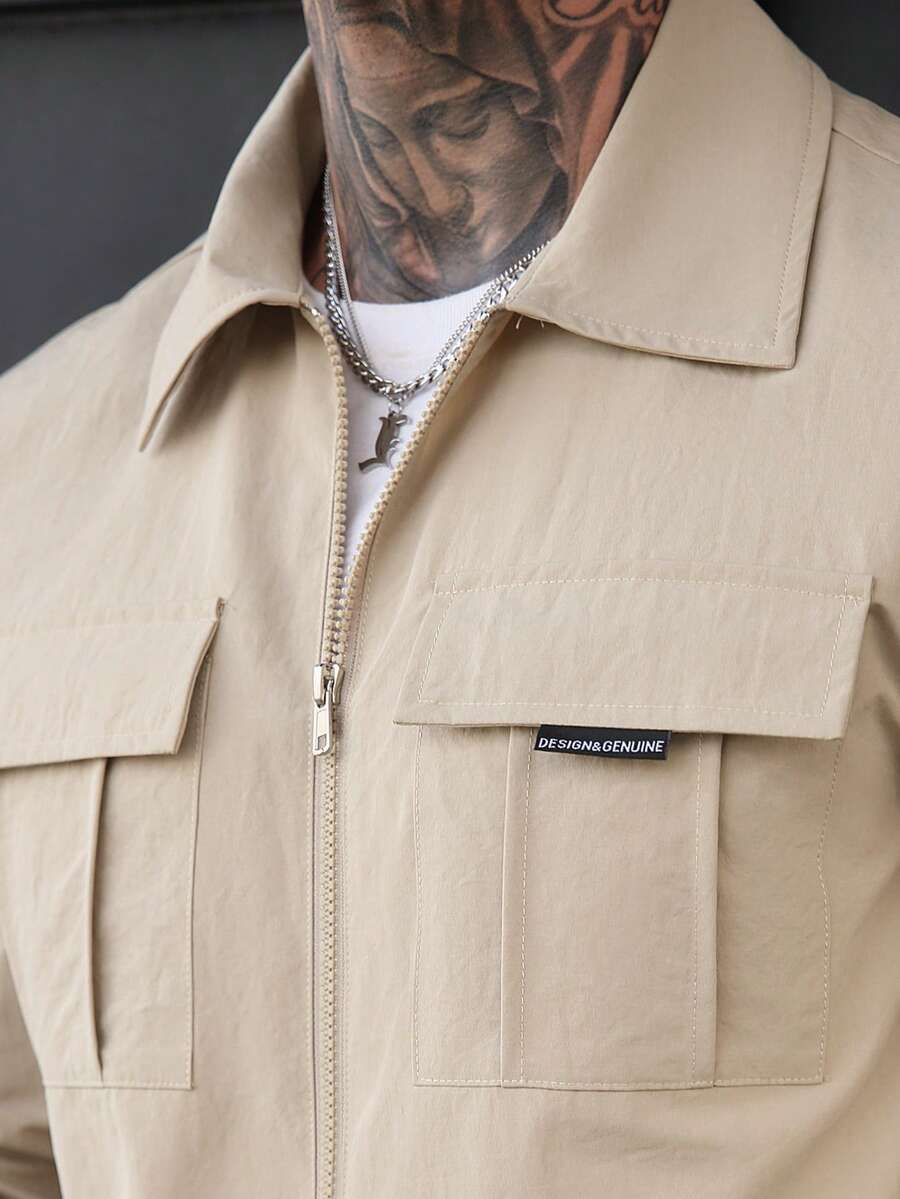Muški khaki jesenji streetwear set od prane gužvane tkanine, sa više džepova