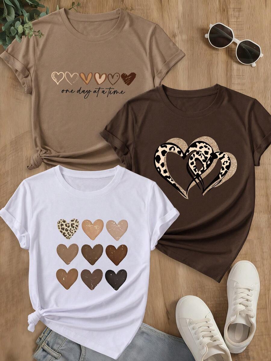 NostaNoir Women's Short Sleeve Cotton T-Shirt With Leopard Print And Heart Design