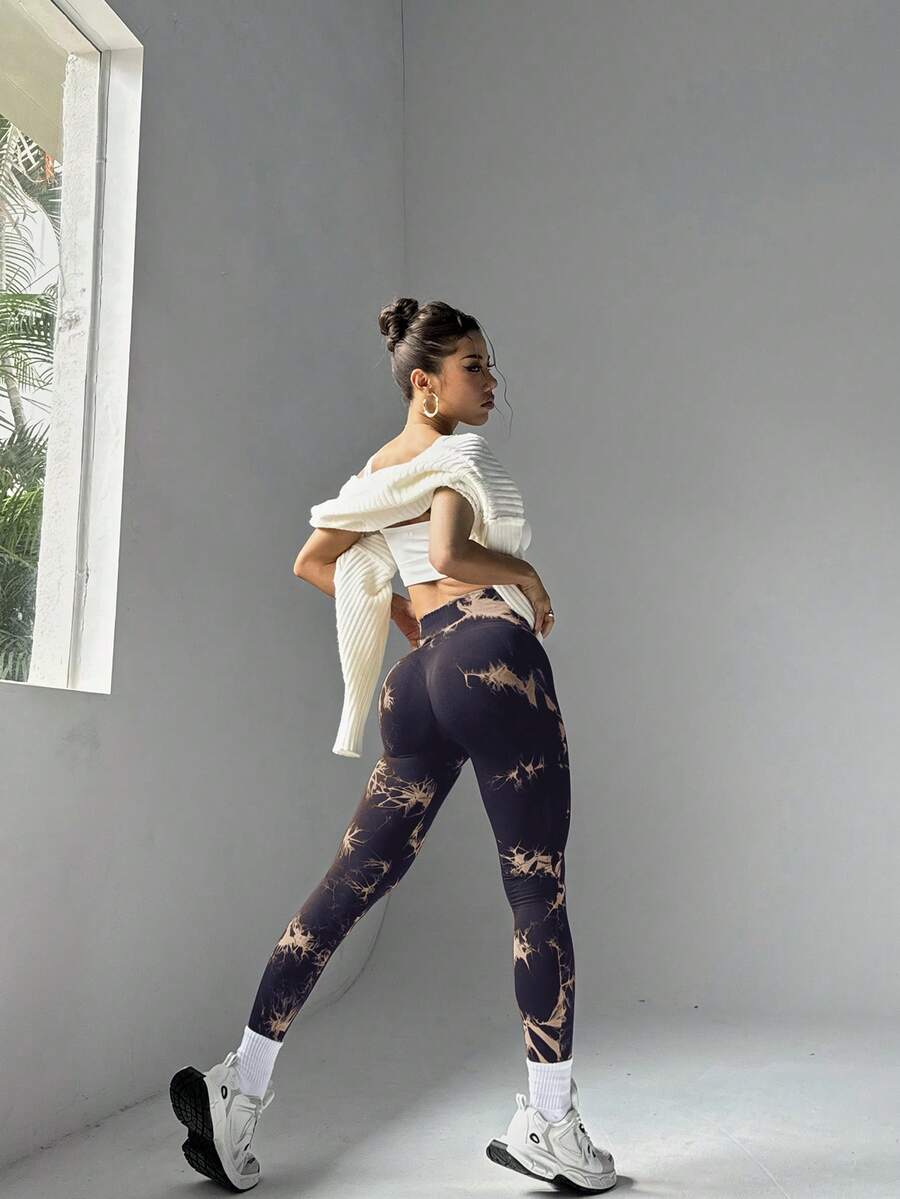 Tie-dye bešavne sportske helanke za žene, visoki struk sa kontrolom stomaka, visoko elastične