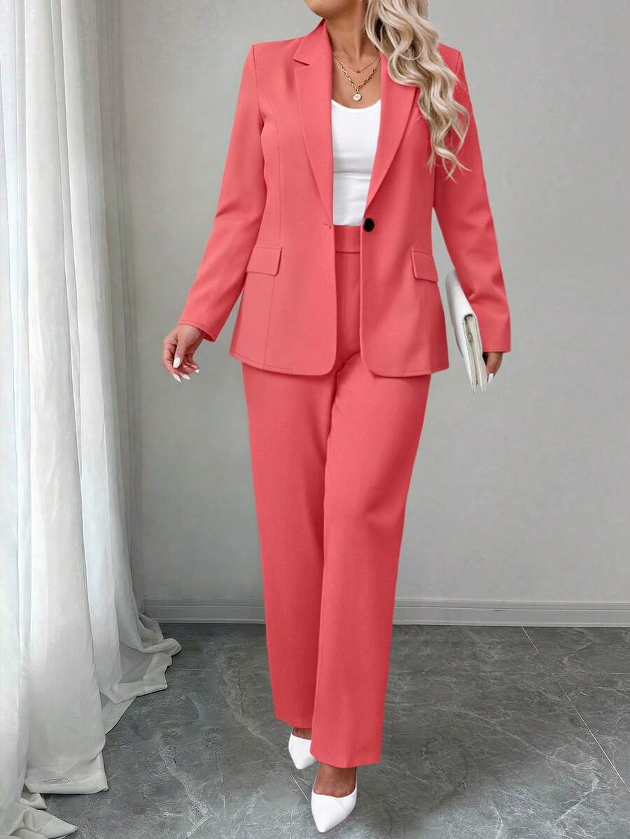 Ženski komplet sako i pantalone u jednobojnoj boji, plus size