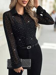 Editum Women Long Sleeve Glittering Sequins Black Sheer Elegant Blouse