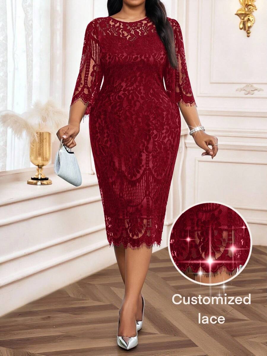 Elegantna crna midi haljina od čipke za žene, plus size, sa 3/4 rukavima