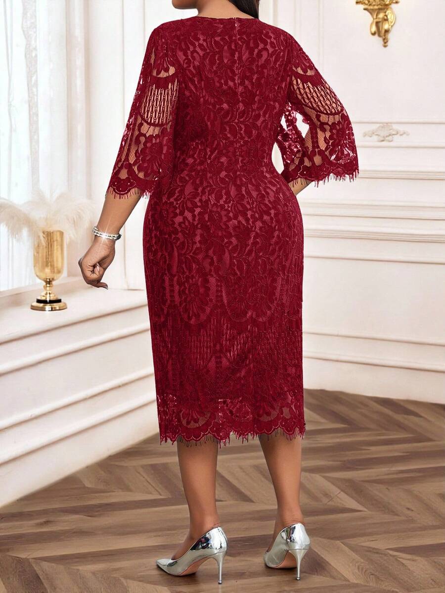 Elegantna crna midi haljina od čipke za žene, plus size, sa 3/4 rukavima