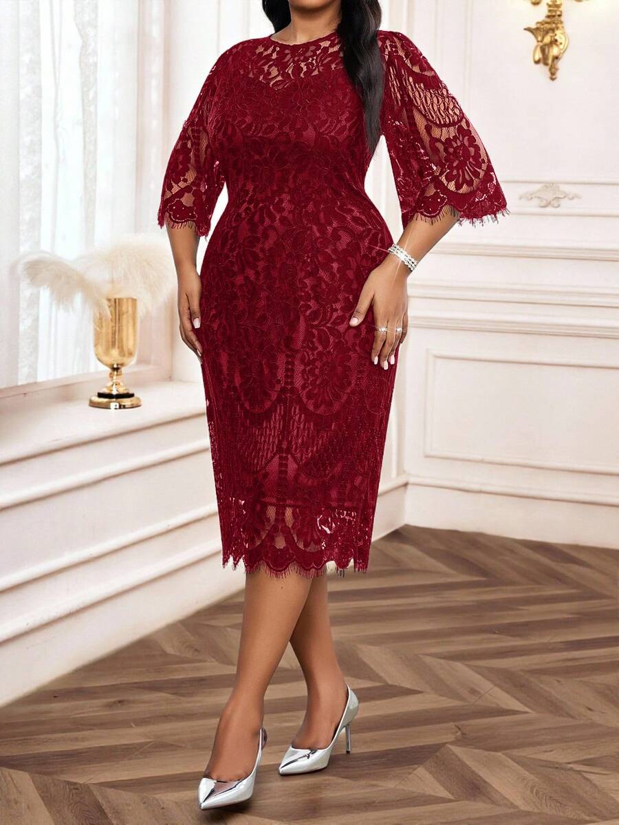 Elegantna crna midi haljina od čipke za žene, plus size, sa 3/4 rukavima