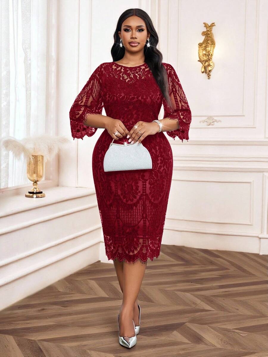 Elegantna crna midi haljina od čipke za žene, plus size, sa 3/4 rukavima