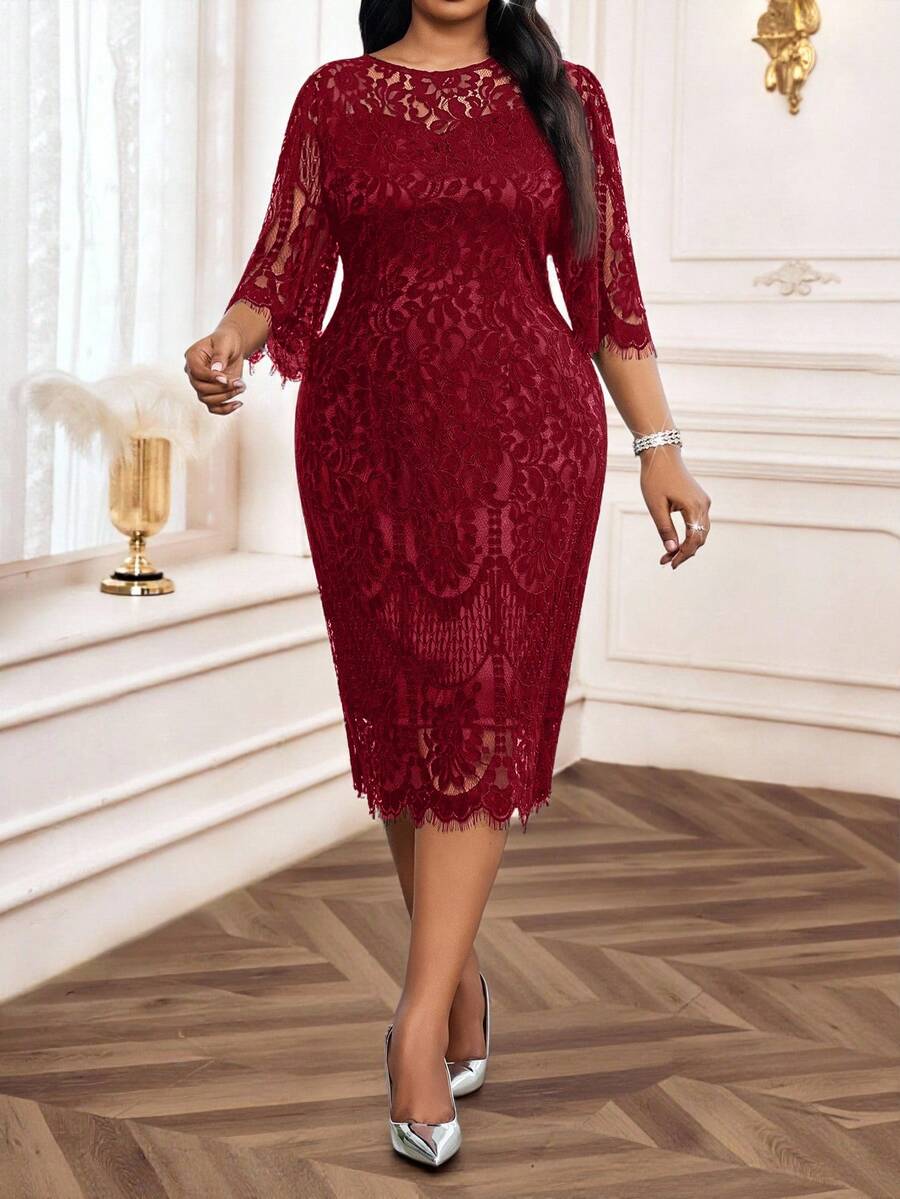 Elegantna crna midi haljina od čipke za žene, plus size, sa 3/4 rukavima