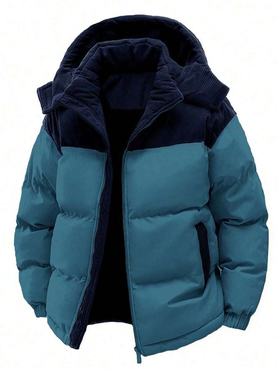 Muški debeli topao kaput sa kapuljačom i punjenjem, color block dizajn, za jesen/zimu