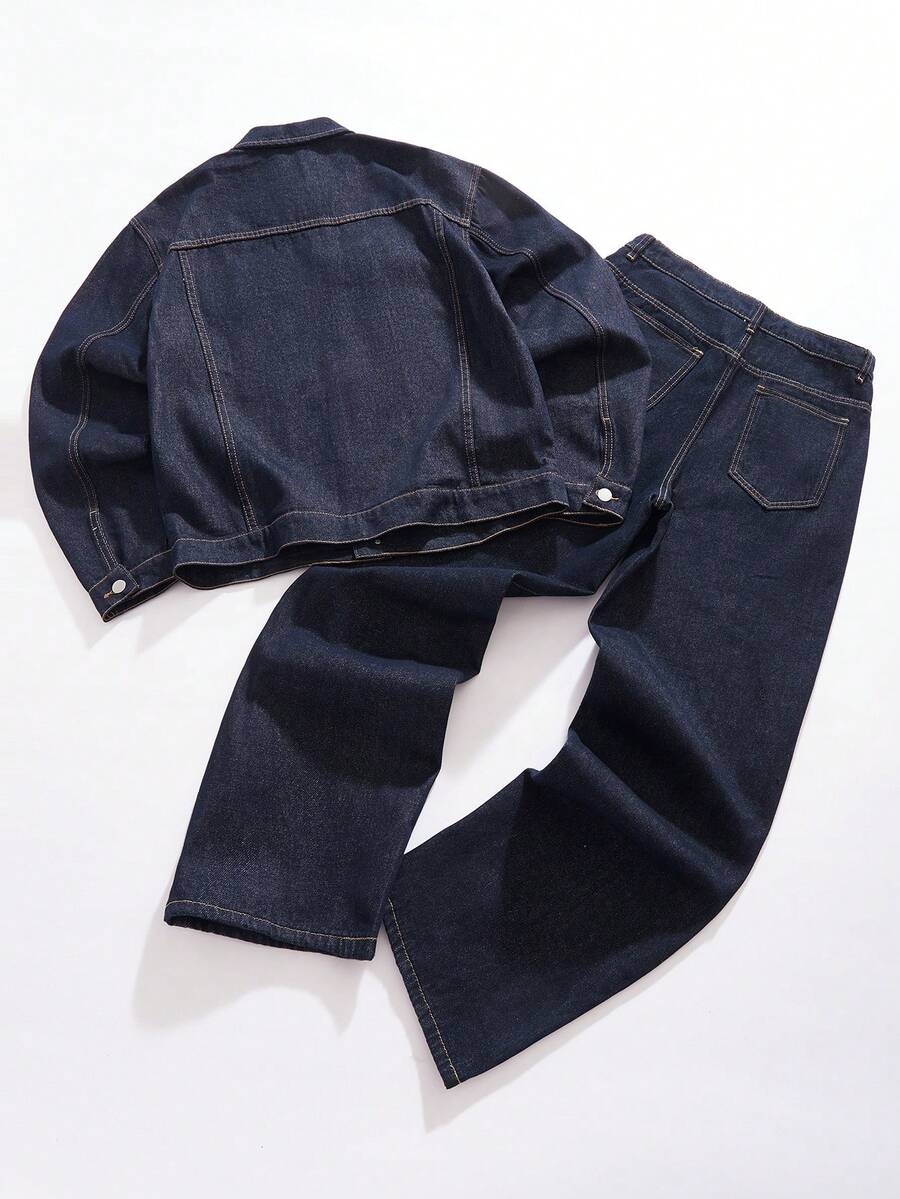 Muški teget teksas set od 2 dela, ležerna jakna i široke pantalone, za proleće/jesen