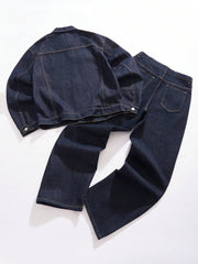 Muški teget teksas set od 2 dela, ležerna jakna i široke pantalone, za proleće/jesen