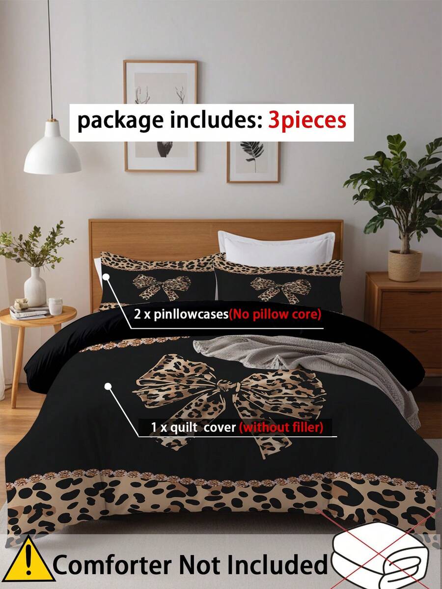 Set posteljine sa leopard printom i mašnom, 3 komada (1 navlaka za jorgan + 2 jastučnice, jorgan nije uključen)