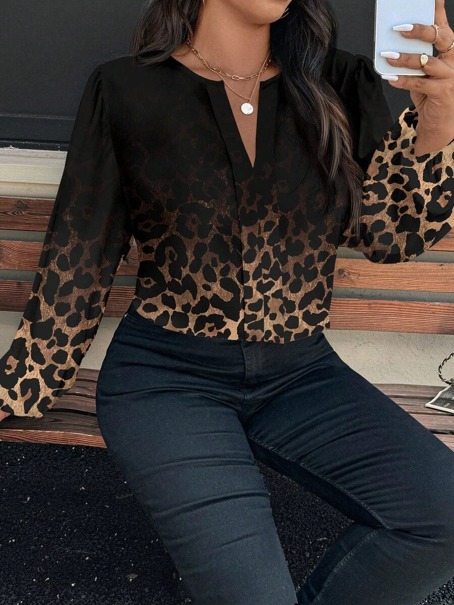 Ženska bluza plus size, elegantna, sa ombre leopard printom, puni dezen