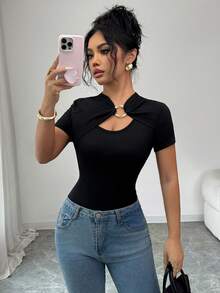Elenzga Women's Elegant Casual Black Metal Ring Fitted Short Sleeve T-Shirt Top