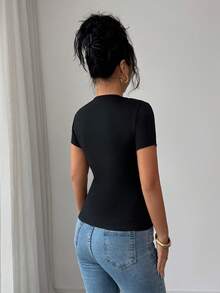 Elenzga Women's Elegant Casual Black Metal Ring Fitted Short Sleeve T-Shirt Top