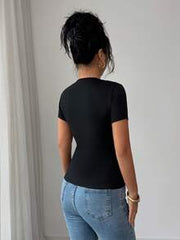 Elenzga Women's Elegant Casual Black Metal Ring Fitted Short Sleeve T-Shirt Top