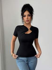 Elenzga Women's Elegant Casual Black Metal Ring Fitted Short Sleeve T-Shirt Top
