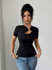 Elenzga Women's Elegant Casual Black Metal Ring Fitted Short Sleeve T-Shirt Top
