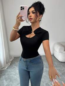 Elenzga Women's Elegant Casual Black Metal Ring Fitted Short Sleeve T-Shirt Top