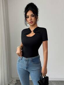 Elenzga Women's Elegant Casual Black Metal Ring Fitted Short Sleeve T-Shirt Top