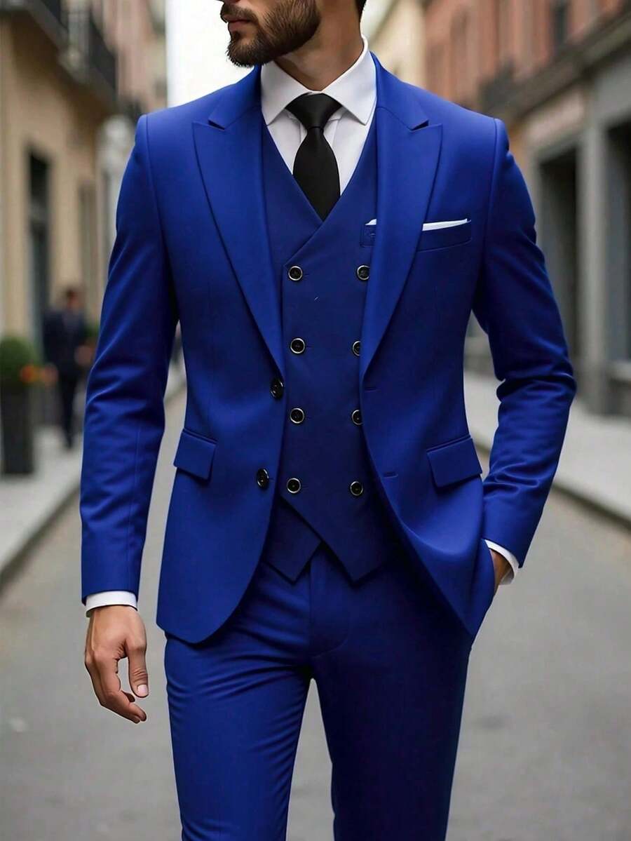 Muški poslovni komplet od 3 dela, uključuje sako, prsluk i pantalone, jednobojni, slim fit