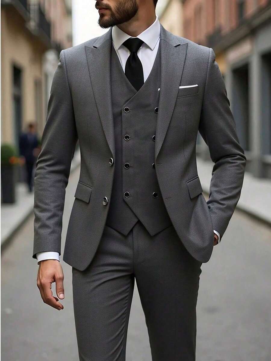 Muški poslovni komplet od 3 dela, uključuje sako, prsluk i pantalone, jednobojni, slim fit