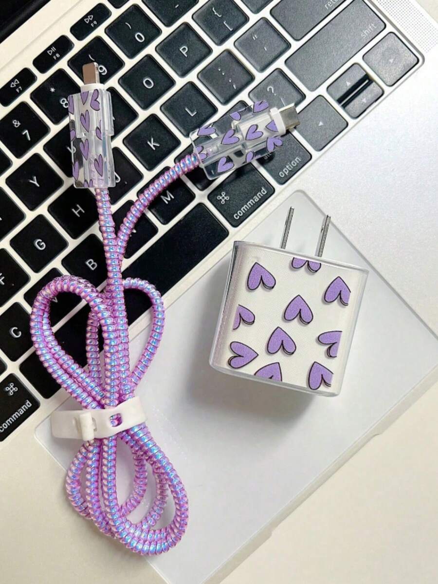 5 komada ružičastih TPU zaštitnih navlaka za kabl za punjenje u obliku srca/lepete/cveta/ljubičastog srca mačke, kompatibilno sa Apple 18/20W punjačima