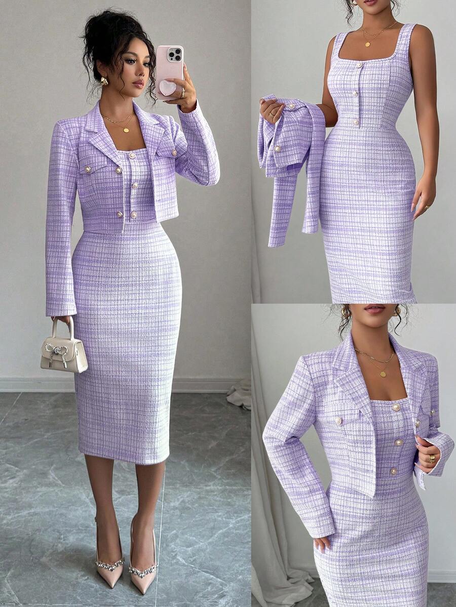 Tweed odelo od 2 dela: elegantna sako jakna  + uska haljina bez rukava