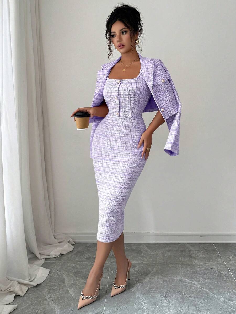 Tweed odelo od 2 dela: elegantna sako jakna  + uska haljina bez rukava