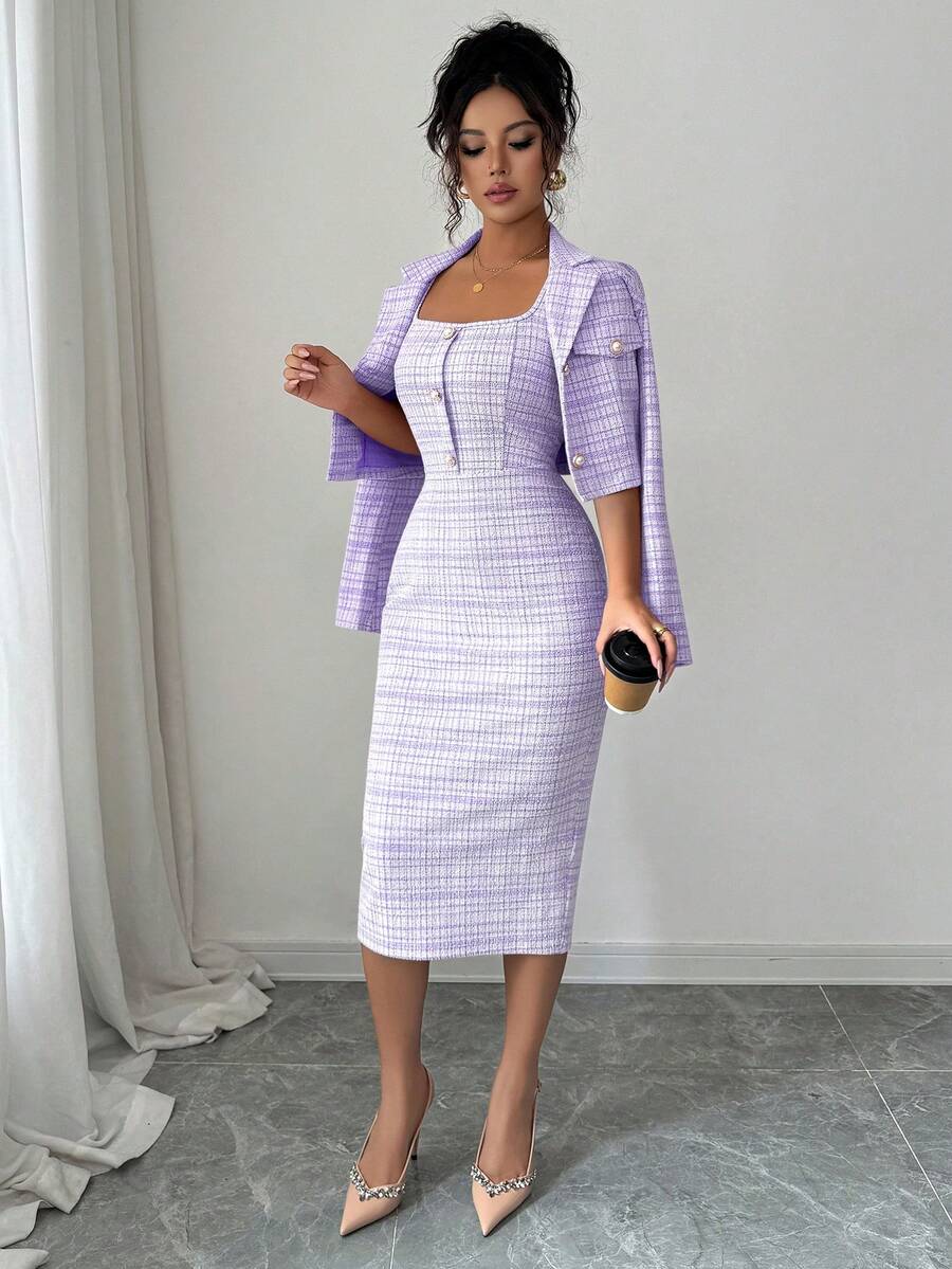 Tweed odelo od 2 dela: elegantna sako jakna  + uska haljina bez rukava
