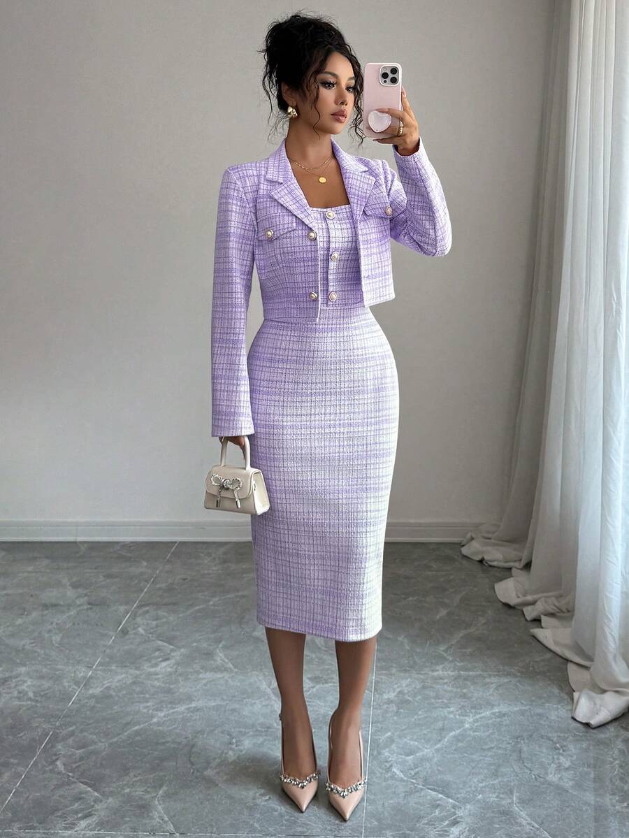 Tweed odelo od 2 dela: elegantna sako jakna  + uska haljina bez rukava