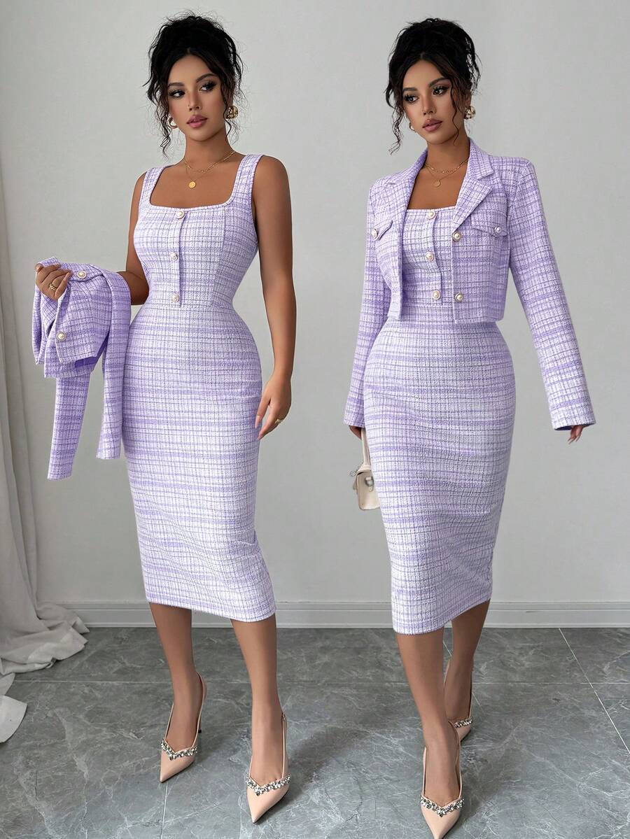 Tweed odelo od 2 dela: elegantna sako jakna  + uska haljina bez rukava