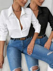 EMERY ROSE 2pcs/Set Solid Color Turndown Collar Double Pocket Long Sleeve Jumpsuit, Black & White