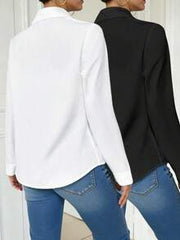 EMERY ROSE 2pcs/Set Solid Color Turndown Collar Double Pocket Long Sleeve Jumpsuit, Black & White