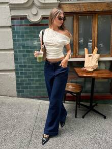 Serisse Women's Off-White Textured One Shoulder Slim Fit T-Shirt