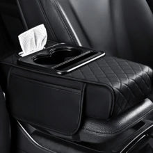 1pc Universal Faux Leather Car Armrest Pad With Tissue Box, Cup Holder And Storage Pouch