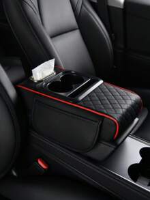 1pc Universal Faux Leather Car Armrest Pad With Tissue Box, Cup Holder And Storage Pouch