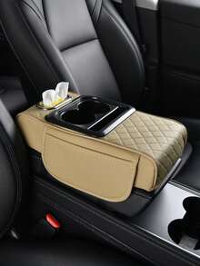 1pc Universal Faux Leather Car Armrest Pad With Tissue Box, Cup Holder And Storage Pouch
