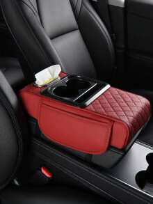1pc Universal Faux Leather Car Armrest Pad With Tissue Box, Cup Holder And Storage Pouch