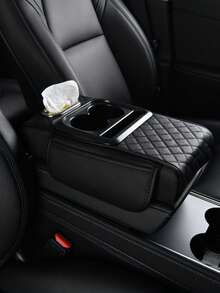 1pc Universal Faux Leather Car Armrest Pad With Tissue Box, Cup Holder And Storage Pouch