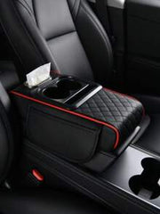 1pc Universal Faux Leather Car Armrest Pad With Tissue Box, Cup Holder And Storage Pouch