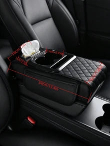 1pc Universal Faux Leather Car Armrest Pad With Tissue Box, Cup Holder And Storage Pouch