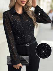 Editum Women Long Sleeve Glittering Sequins Black Sheer Elegant Blouse