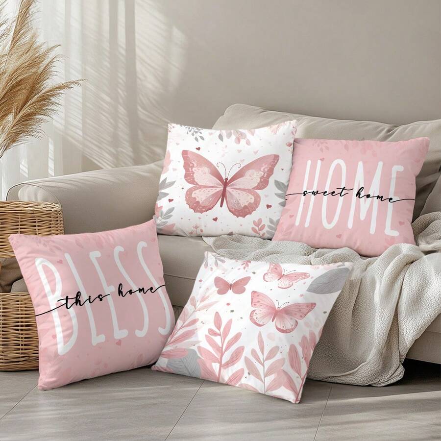 4 kom jednostavnih svakodnevnih plavih navlaka za ukrasne jastuke sa leptirima i cvećem "Sweet Home"