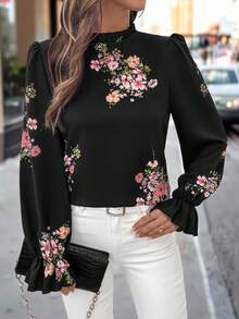Editum 1pc Women Elegant Floral Print Ruffle Collar Long Sleeve Blouse