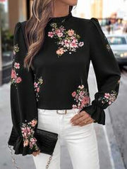 Editum 1pc Women Elegant Floral Print Ruffle Collar Long Sleeve Blouse