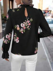 Editum 1pc Women Elegant Floral Print Ruffle Collar Long Sleeve Blouse