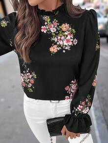Editum 1pc Women Elegant Floral Print Ruffle Collar Long Sleeve Blouse